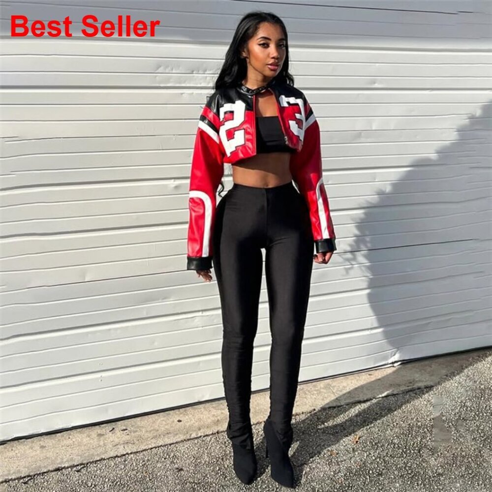 Faux Leather Cropped Motorcycle Jacket Bomber Streetwear - Picture 3 of 6